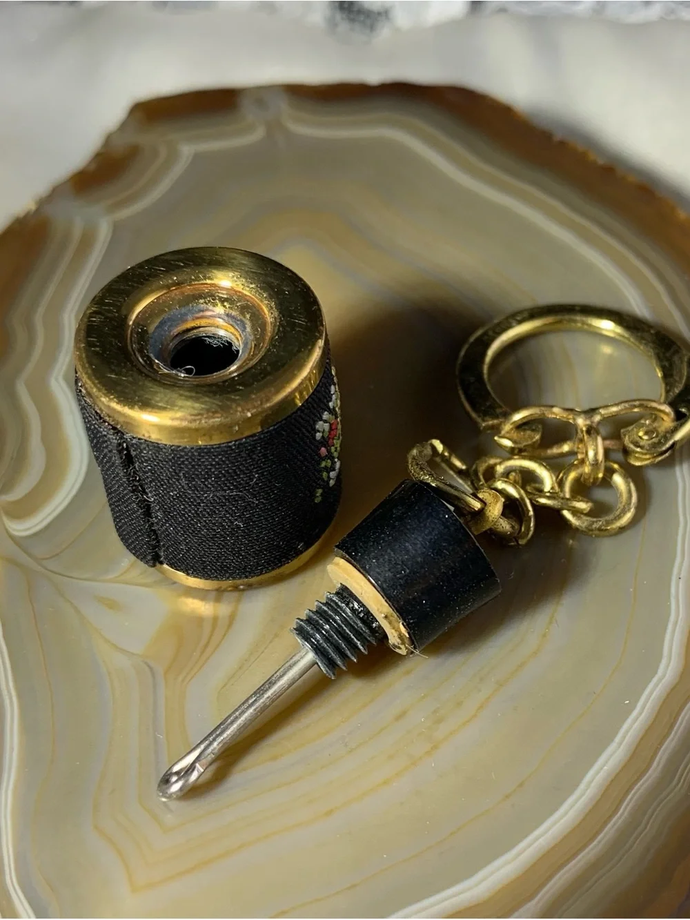 Antique Miniature Perfume Bottle Gold-Tone Floral Embroidered Keychain -